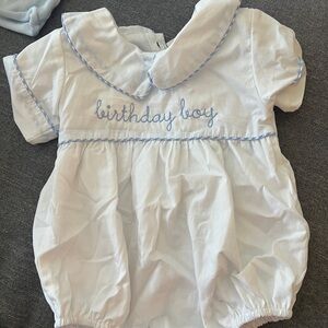 White Baby Romper with Blue Embroidery Birthday Boy